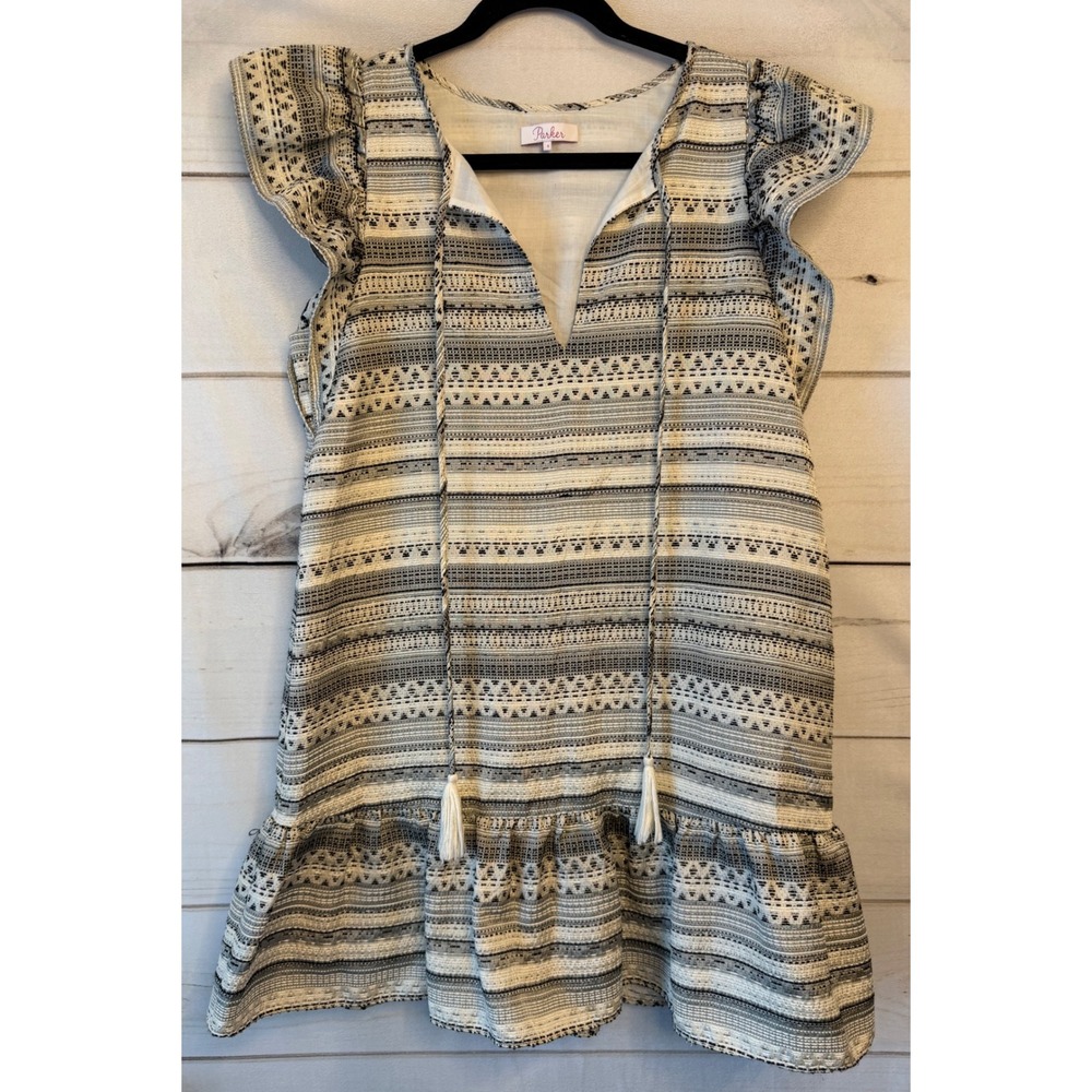 Parker NY Women Black White Tribal Geometric Ruffle Flutter Mini Dress Tassels S